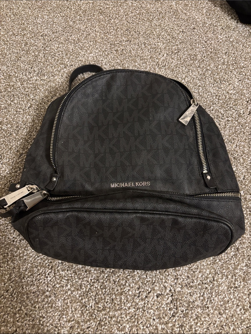 Michael Kors Black Logo Backpack with Silver Hardware